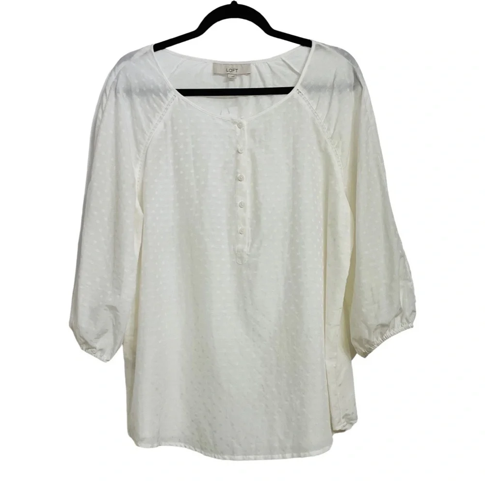 LOFT Swiss Dot Puff Sleeve Henley Blouse NWT Ivory Feminine Romantic Chic Top